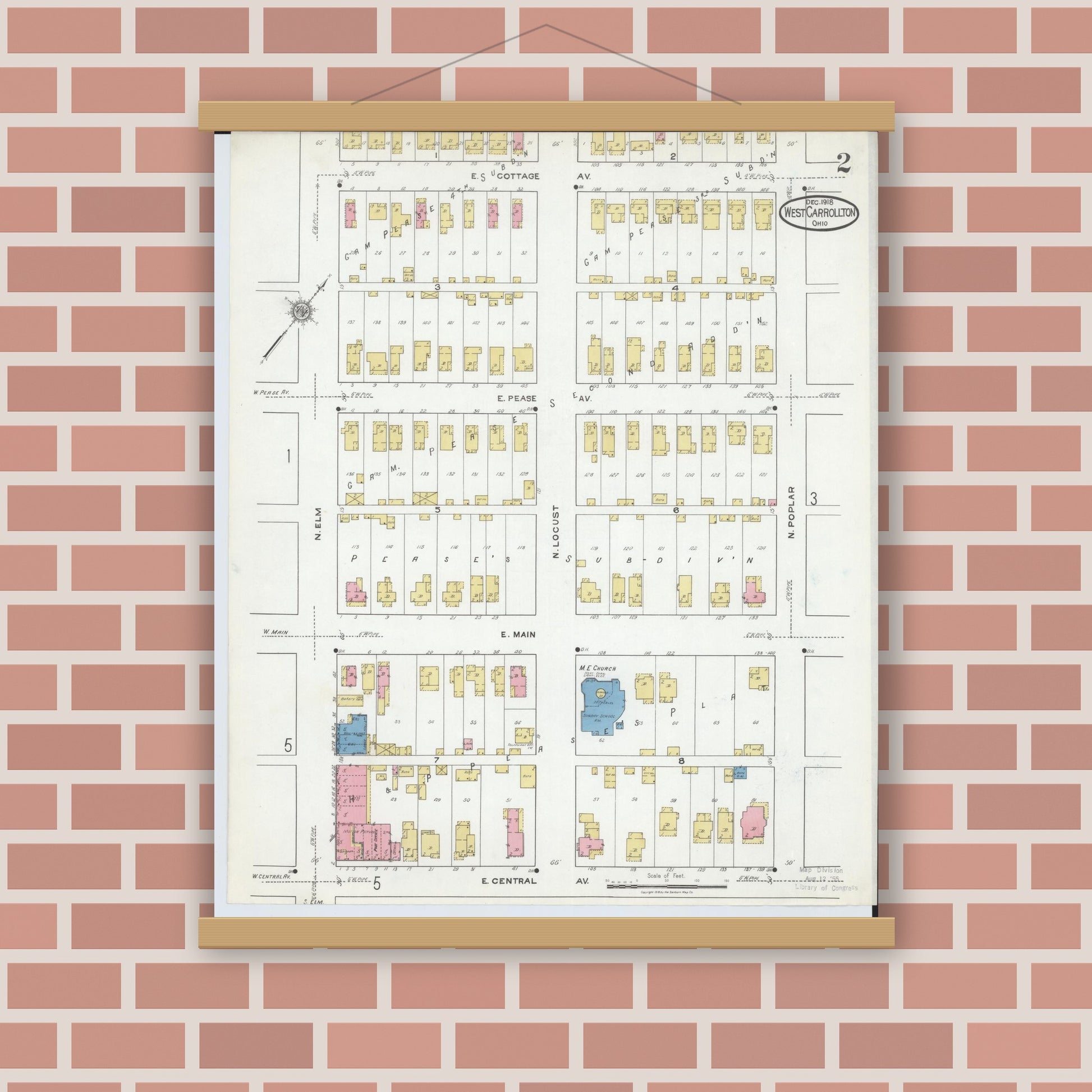 Old map wall art mockup — magnetic wood frame on brick wall — Sanborn Fire Insurance Map from West Carrollton, Montgomery County, Ohio (1918), Sheet #0002