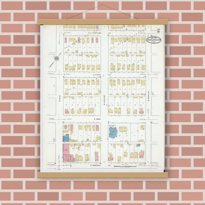 Old map wall art mockup — magnetic wood frame on brick wall — Sanborn Fire Insurance Map from West Carrollton, Montgomery County, Ohio (1918), Sheet #0002