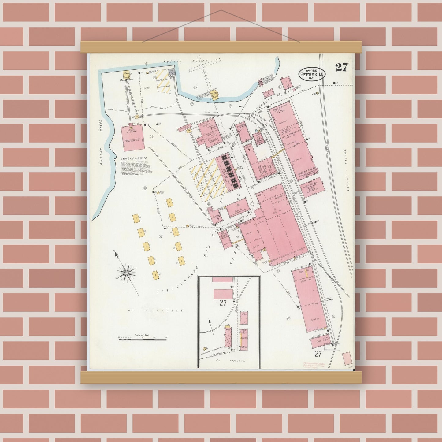 Old map wall art mockup — magnetic wood frame on brick wall — Sanborn Fire Insurance Map from Peekskill, Westchester County, New York (1905), Sheet #0027