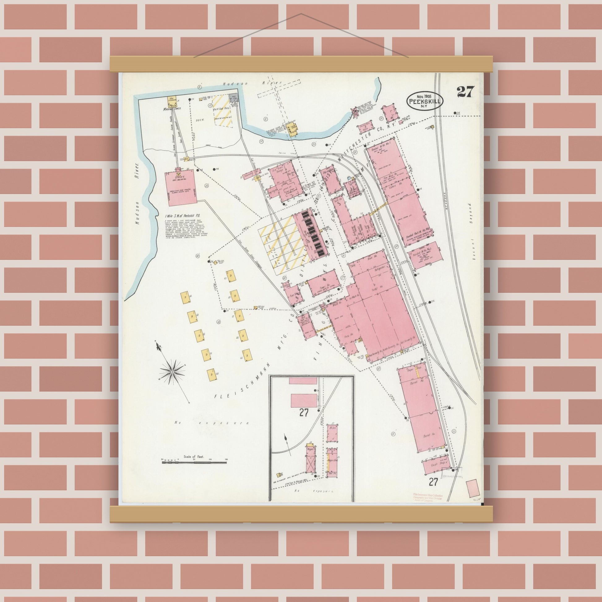 Old map wall art mockup — magnetic wood frame on brick wall — Sanborn Fire Insurance Map from Peekskill, Westchester County, New York (1905), Sheet #0027