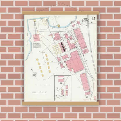 Old map wall art mockup — magnetic wood frame on brick wall — Sanborn Fire Insurance Map from Peekskill, Westchester County, New York (1905), Sheet #0027