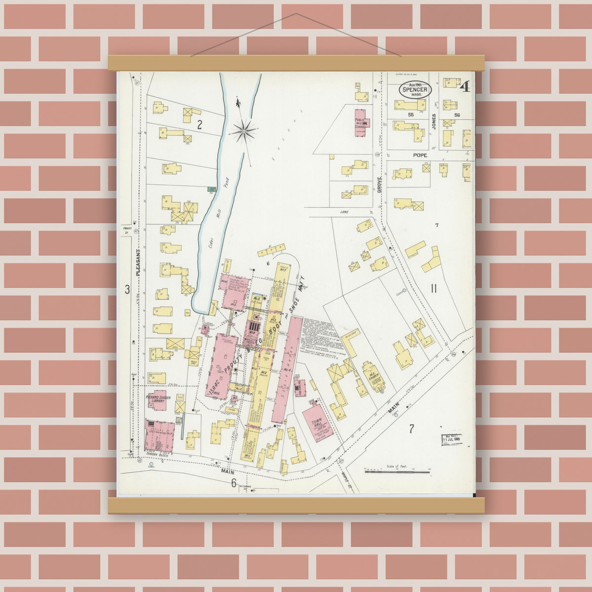 Old map wall art mockup — magnetic wood frame on brick wall — Sanborn Fire Insurance Map from Spencer, Worcester County, Massachusetts (1901), Sheet #0004