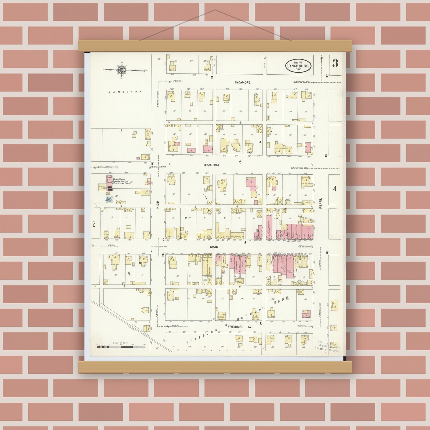Old map wall art mockup — magnetic wood frame on brick wall — Sanborn Fire Insurance Map from Lynchburg, Highland County, Ohio (1911), Sheet #0003