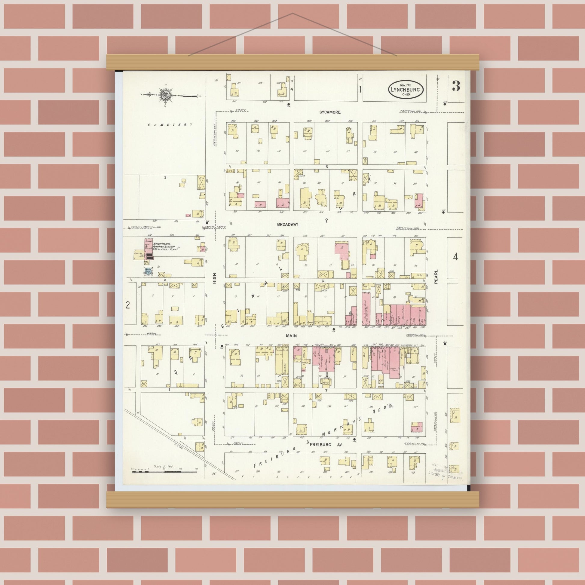 Old map wall art mockup — magnetic wood frame on brick wall — Sanborn Fire Insurance Map from Lynchburg, Highland County, Ohio (1911), Sheet #0003
