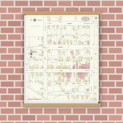 Old map wall art mockup — magnetic wood frame on brick wall — Sanborn Fire Insurance Map from Lynchburg, Highland County, Ohio (1911), Sheet #0003
