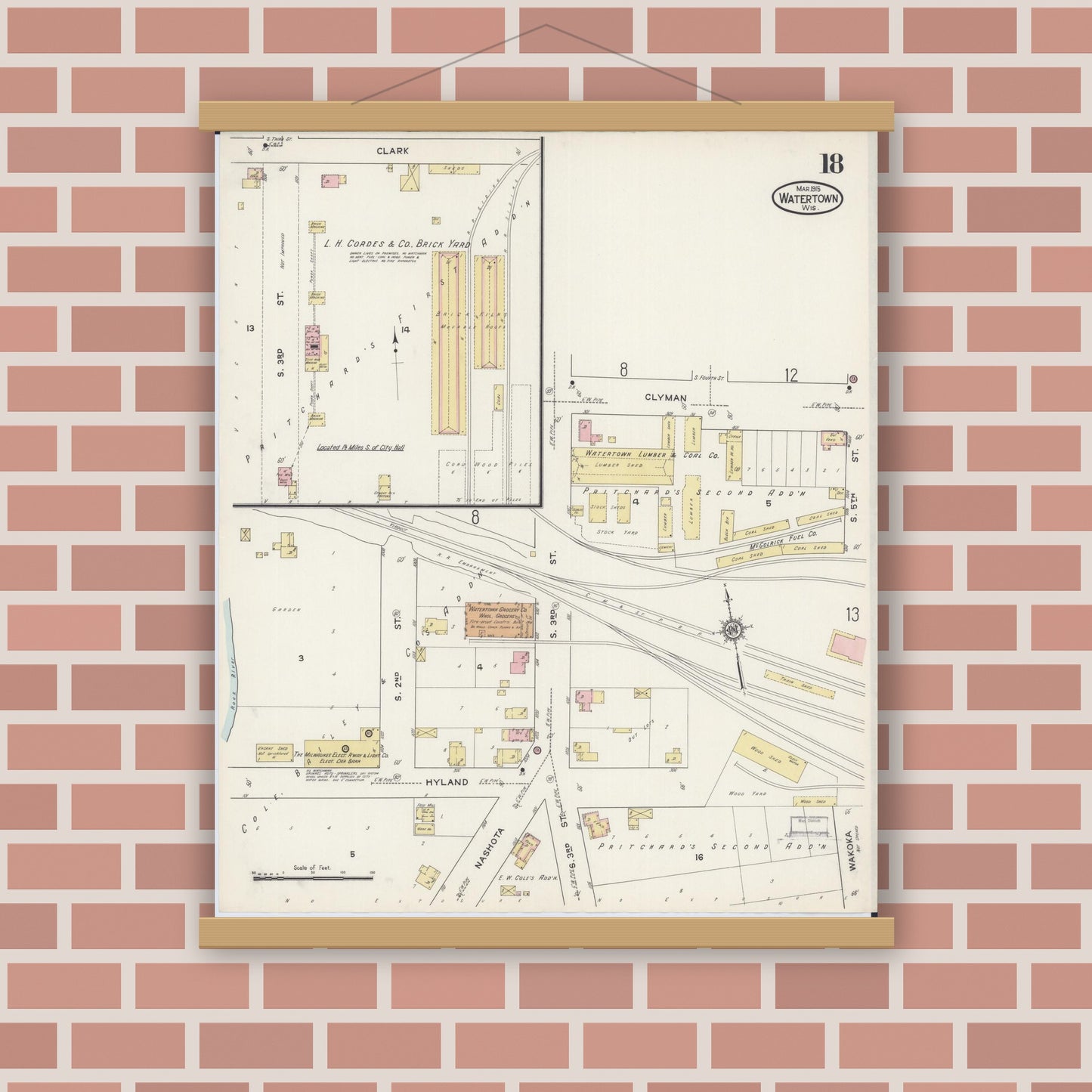 Old map wall art mockup — magnetic wood frame on brick wall — Sanborn Fire Insurance Map from Watertown, Jefferson County, Wisconsin (1915), Sheet #0019