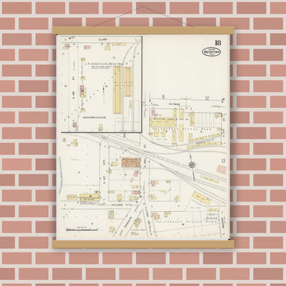 Old map wall art mockup — magnetic wood frame on brick wall — Sanborn Fire Insurance Map from Watertown, Jefferson County, Wisconsin (1915), Sheet #0019