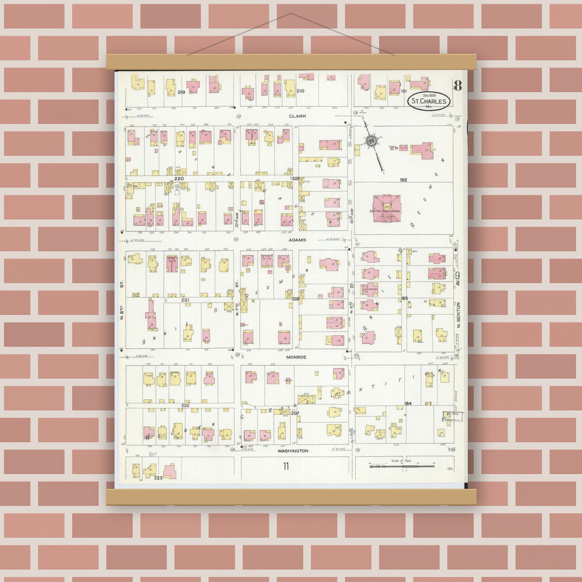 Old map wall art mockup — magnetic wood frame on brick wall — Sanborn Fire Insurance Map from Saint Charles, Saint Charles County, Missouri (1909), Sheet #0008