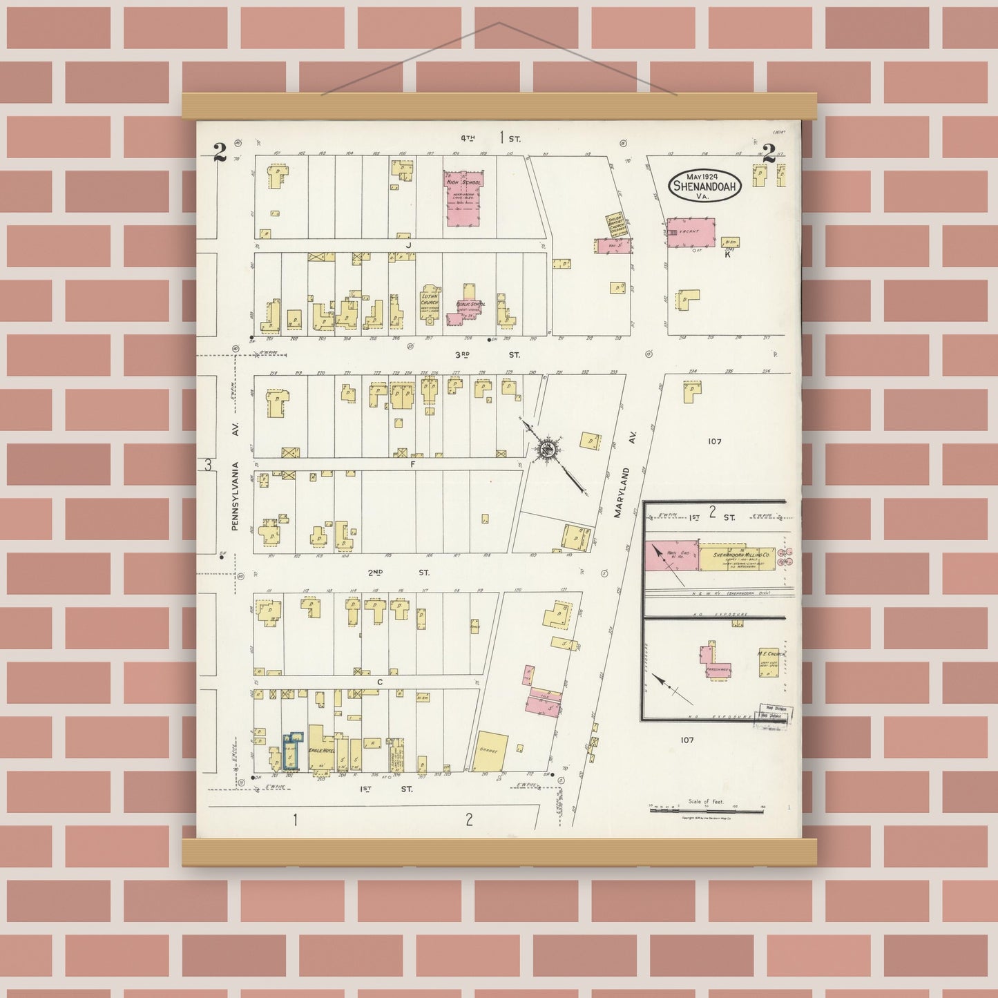 Old map wall art mockup — magnetic wood frame on brick wall — Sanborn Fire Insurance Map from Shenandoah, Page County, Virginia (1924), Sheet #0002