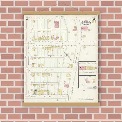 Old map wall art mockup — magnetic wood frame on brick wall — Sanborn Fire Insurance Map from Shenandoah, Page County, Virginia (1924), Sheet #0002