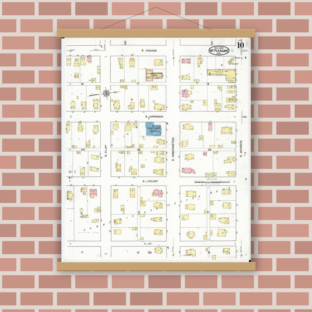 Old map wall art mockup — magnetic wood frame on brick wall — Sanborn Fire Insurance Map from Mount Pleasant, Henry County, Iowa (1920), Sheet #0010