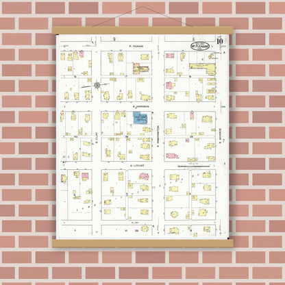 Old map wall art mockup — magnetic wood frame on brick wall — Sanborn Fire Insurance Map from Mount Pleasant, Henry County, Iowa (1920), Sheet #0010