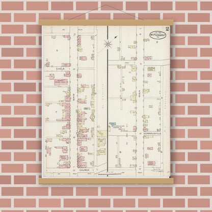 Old map wall art mockup — magnetic wood frame on brick wall — Sanborn Fire Insurance Map from Mount Pleasant, Westmoreland County, Pennsylvania (1886), Sheet #0002