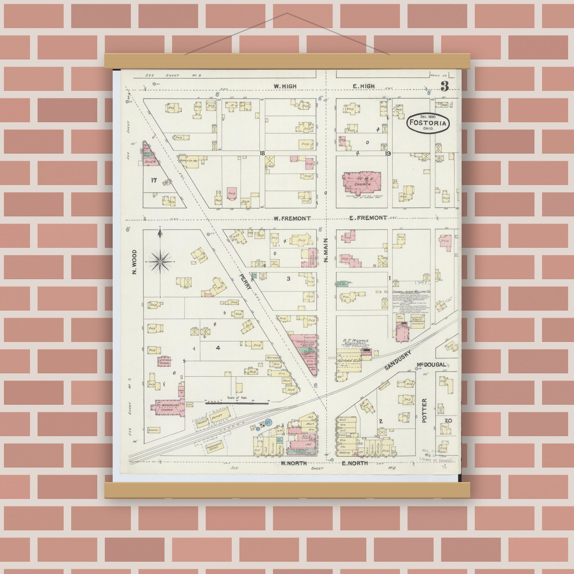 Old map wall art mockup — magnetic wood frame on brick wall — Sanborn Fire Insurance Map from Fostoria, Seneca, Hancock, And Wood Counties, Ohio (1891), Sheet #0003