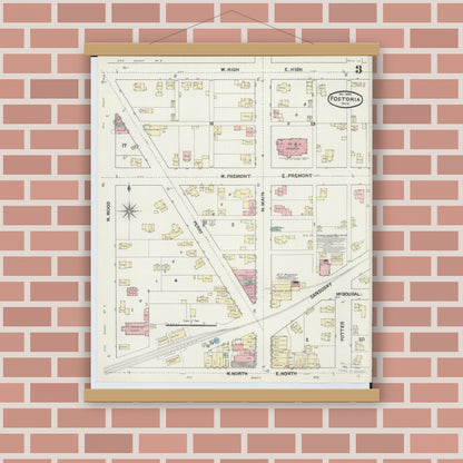 Old map wall art mockup — magnetic wood frame on brick wall — Sanborn Fire Insurance Map from Fostoria, Seneca, Hancock, And Wood Counties, Ohio (1891), Sheet #0003