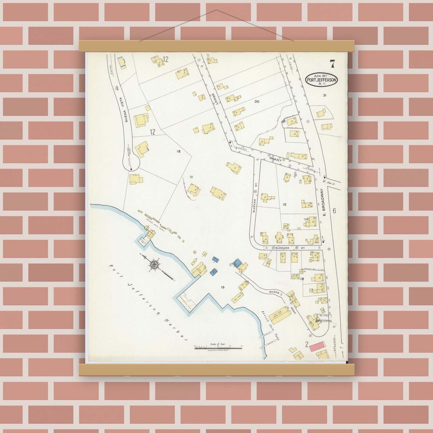Old map wall art mockup — magnetic wood frame on brick wall — Sanborn Fire Insurance Map from Port Jefferson, Suffolk County, New York (1917), Sheet #0007