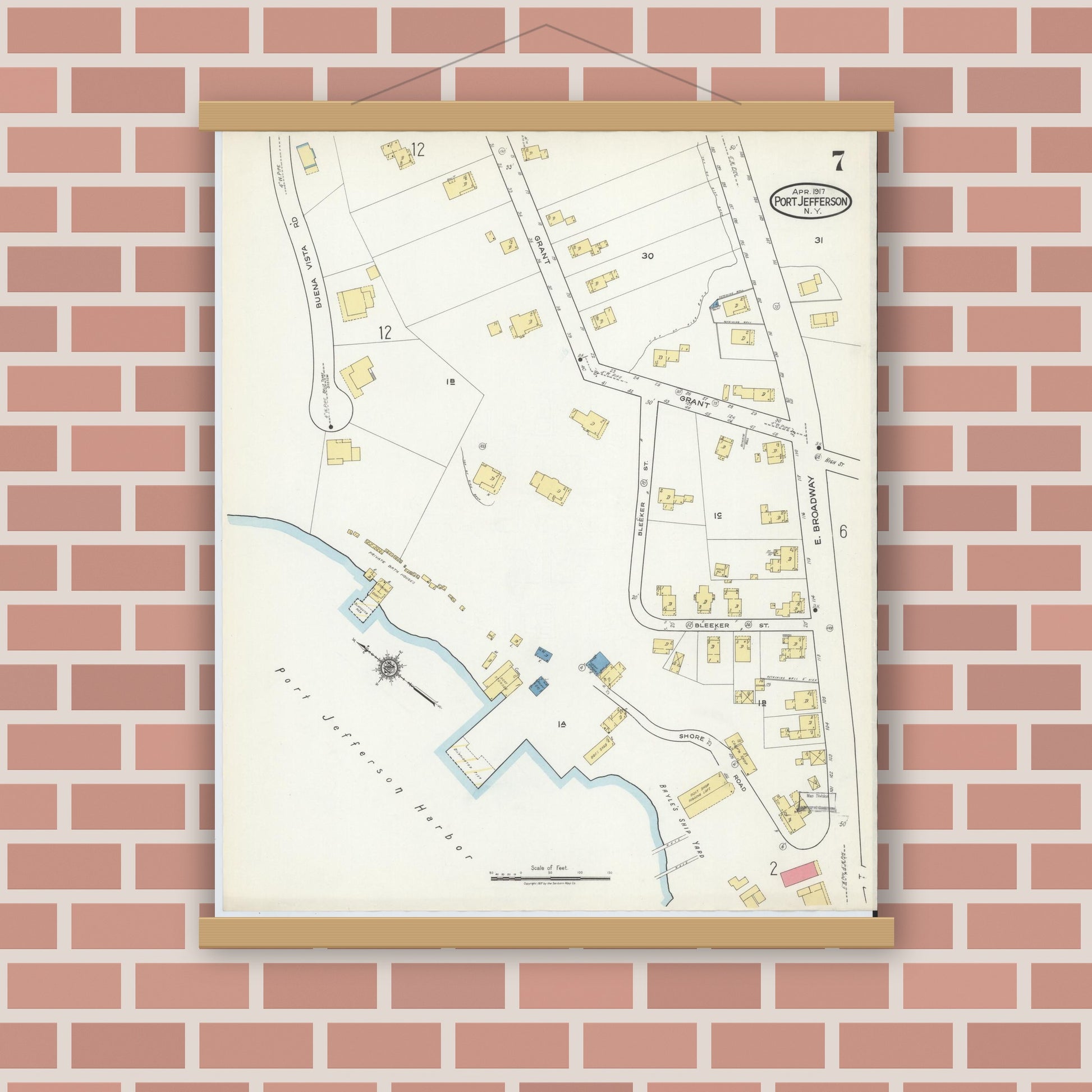 Old map wall art mockup — magnetic wood frame on brick wall — Sanborn Fire Insurance Map from Port Jefferson, Suffolk County, New York (1917), Sheet #0007