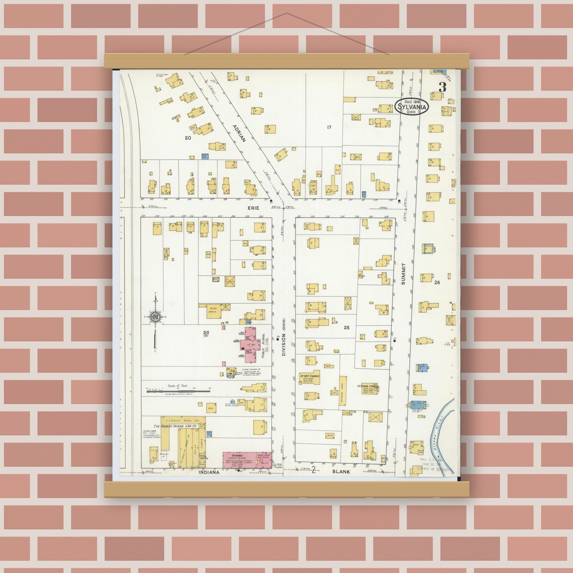 Old map wall art mockup — magnetic wood frame on brick wall — Sanborn Fire Insurance Map from Sylvania, Lucas County, Ohio (1919), Sheet #0003