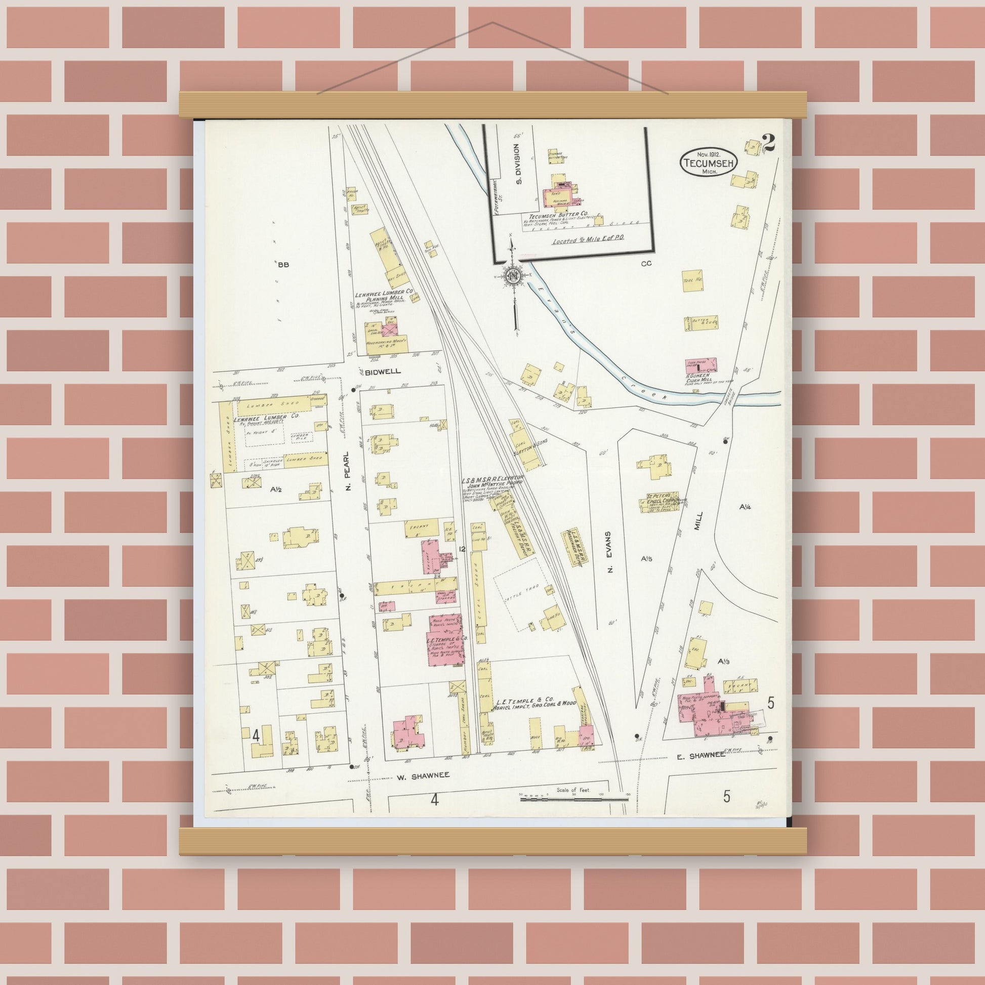 Old map wall art mockup — magnetic wood frame on brick wall — Sanborn Fire Insurance Map from Tecumseh, Lenawee County, Michigan (1912), Sheet #0002
