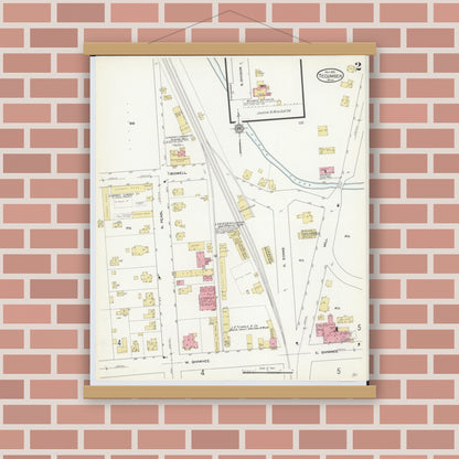 Old map wall art mockup — magnetic wood frame on brick wall — Sanborn Fire Insurance Map from Tecumseh, Lenawee County, Michigan (1912), Sheet #0002