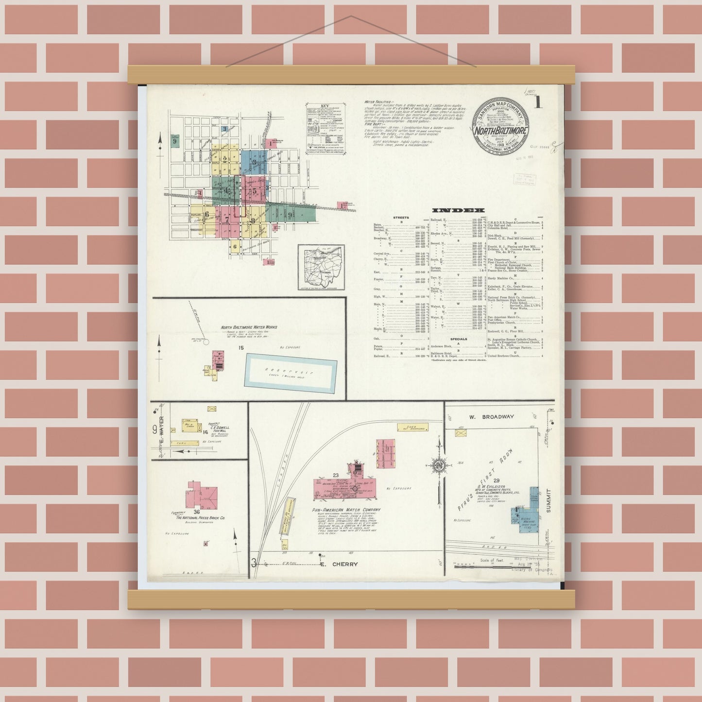 Old map wall art mockup — magnetic wood frame on brick wall — Sanborn Fire Insurance Map from North Baltimore, Wood County, Ohio (1913) - Complete Map Set
