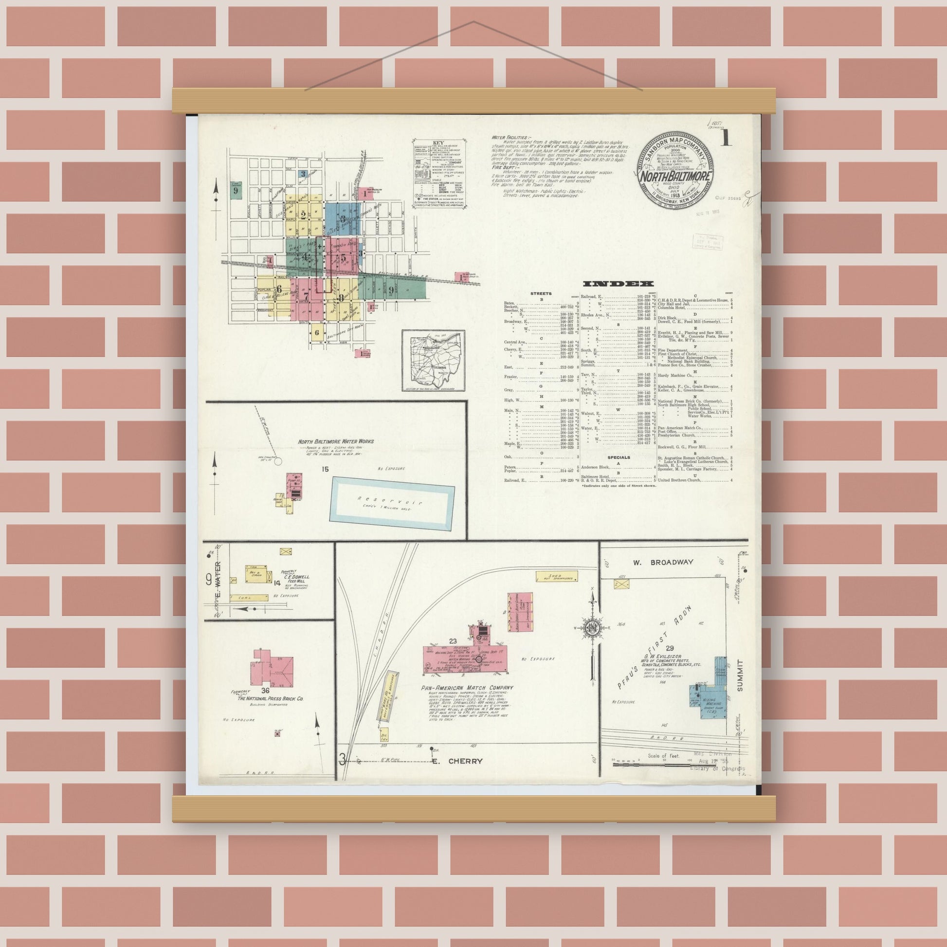 Old map wall art mockup — magnetic wood frame on brick wall — Sanborn Fire Insurance Map from North Baltimore, Wood County, Ohio (1913) - Complete Map Set