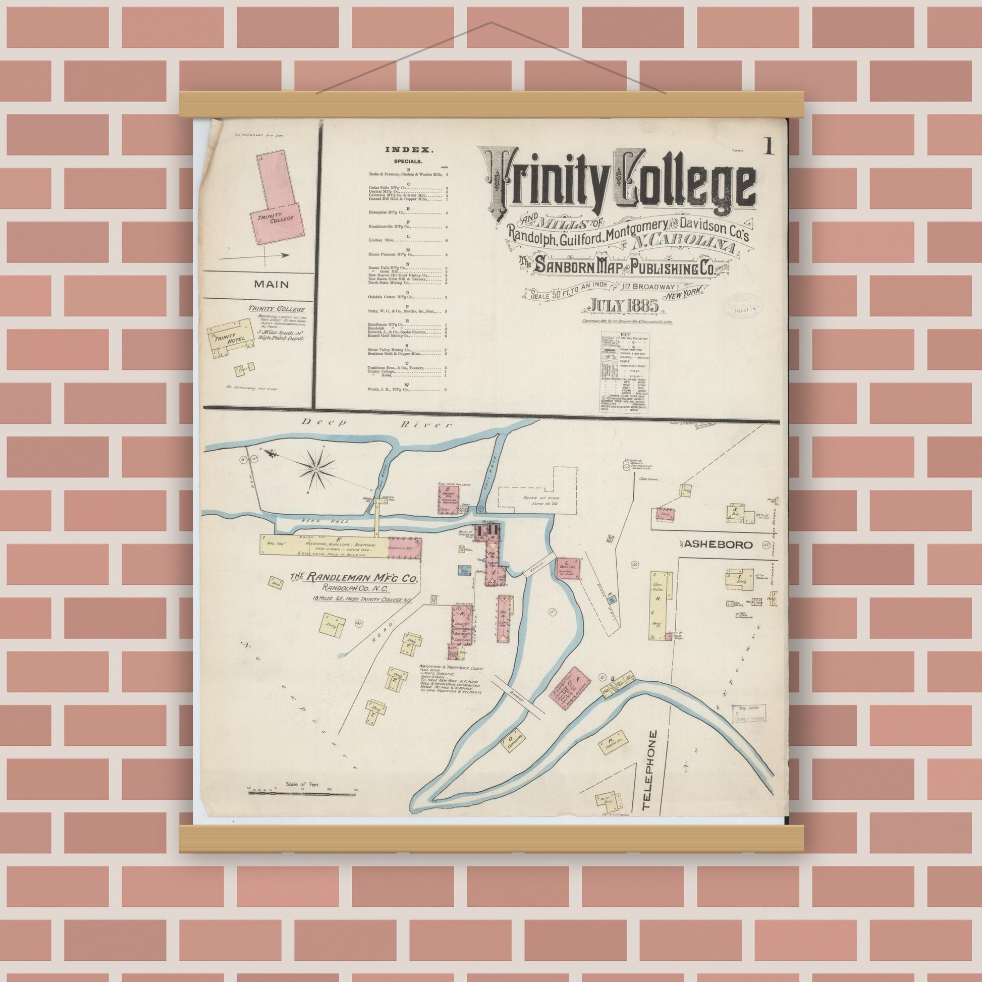 Old map wall art mockup — magnetic wood frame on brick wall — Sanborn Fire Insurance Map from Trinity College, Randolph County, North Carolina (1885) - Complete Map Set