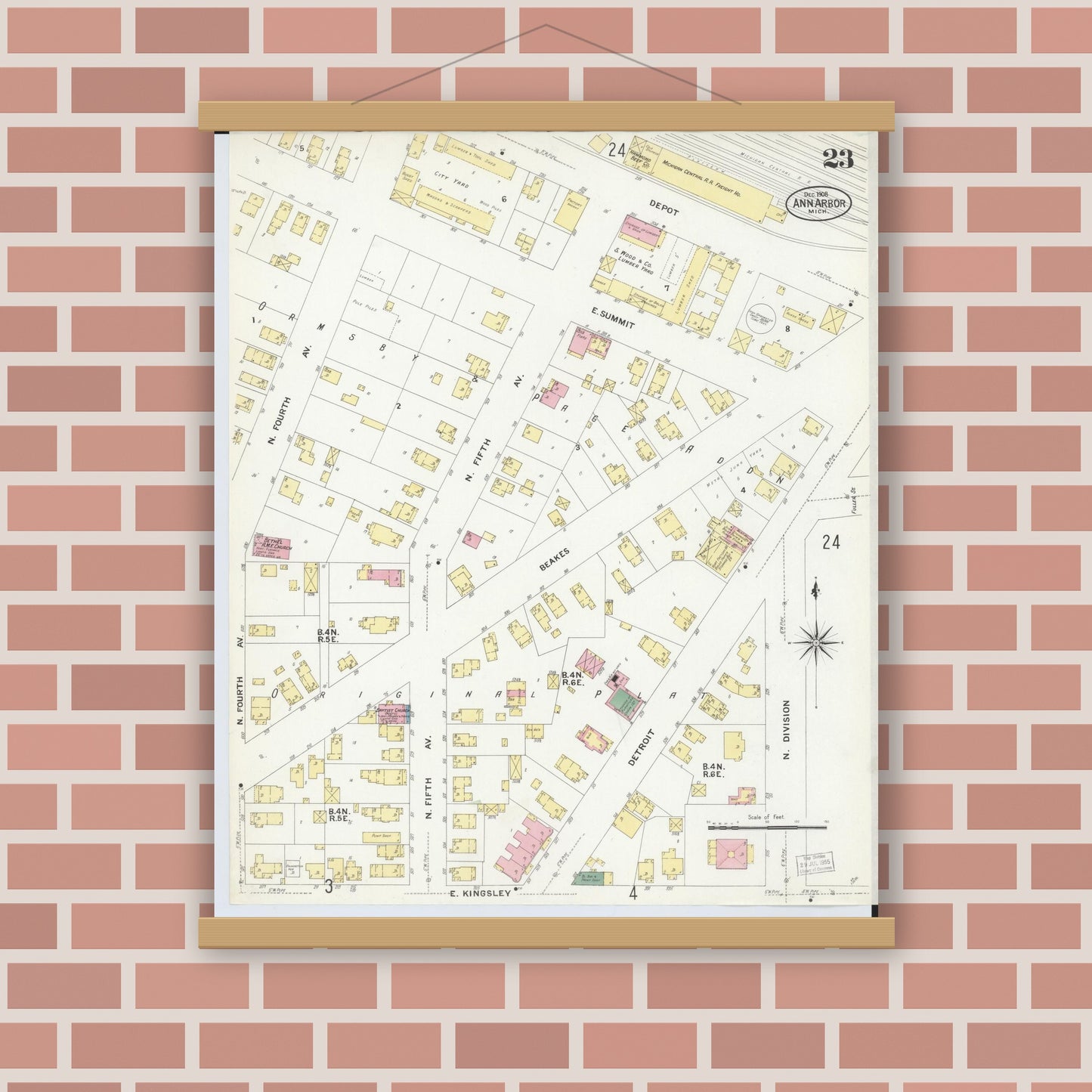 Old map wall art mockup — magnetic wood frame on brick wall — Sanborn Fire Insurance Map from Ann Arbor, Washtenaw County, Michigan (1908), Sheet #0023