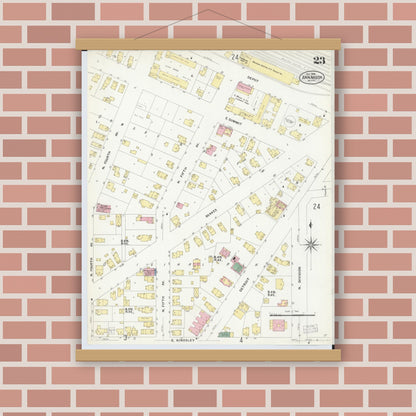 Old map wall art mockup — magnetic wood frame on brick wall — Sanborn Fire Insurance Map from Ann Arbor, Washtenaw County, Michigan (1908), Sheet #0023