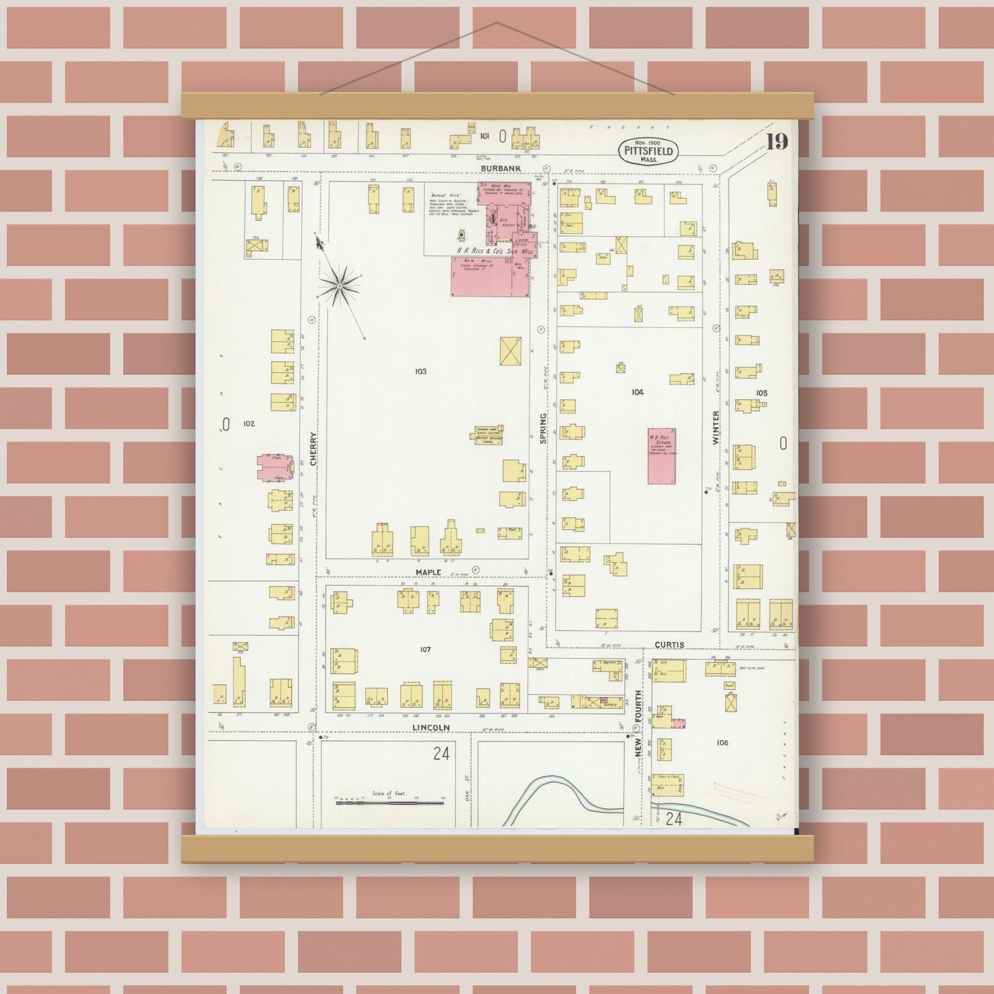 Old map wall art mockup — magnetic wood frame on brick wall — Sanborn Fire Insurance Map from Pittsfield, Berkshire County, Massachusetts (1900), Sheet #0019