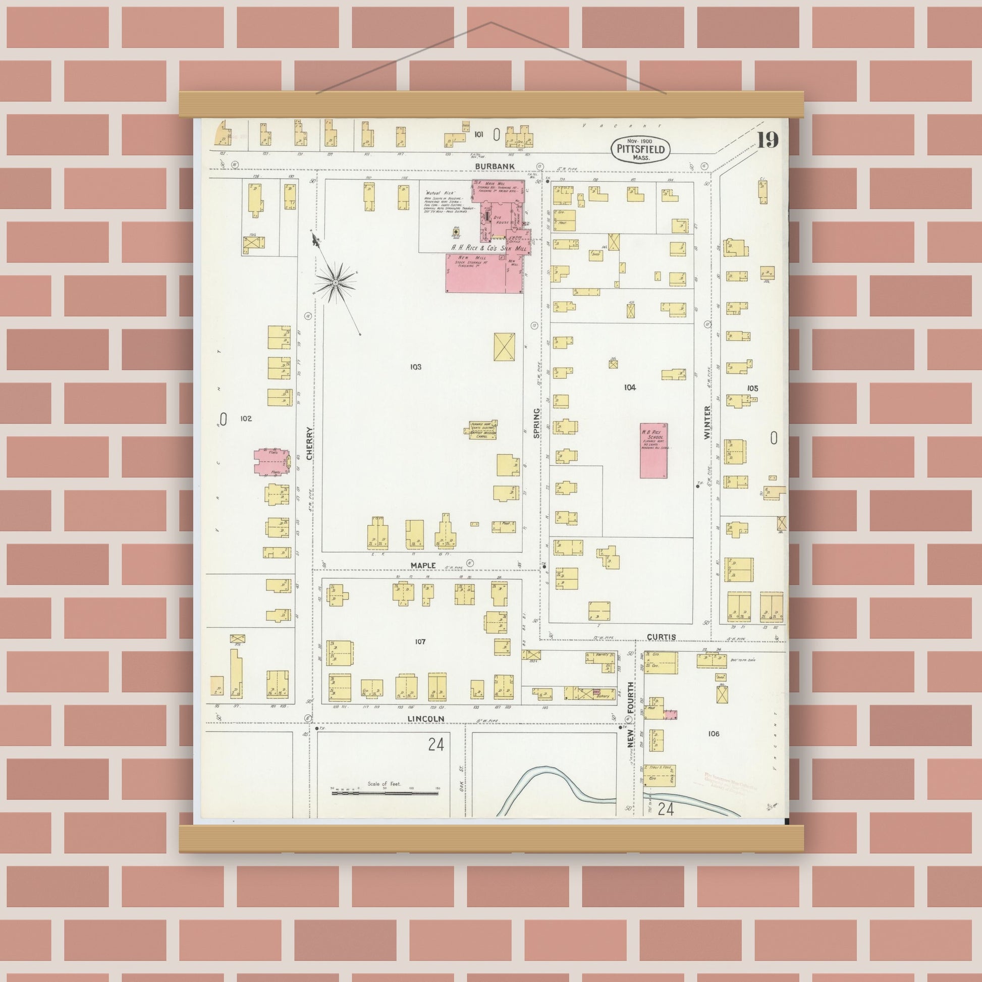 Old map wall art mockup — magnetic wood frame on brick wall — Sanborn Fire Insurance Map from Pittsfield, Berkshire County, Massachusetts (1900), Sheet #0019