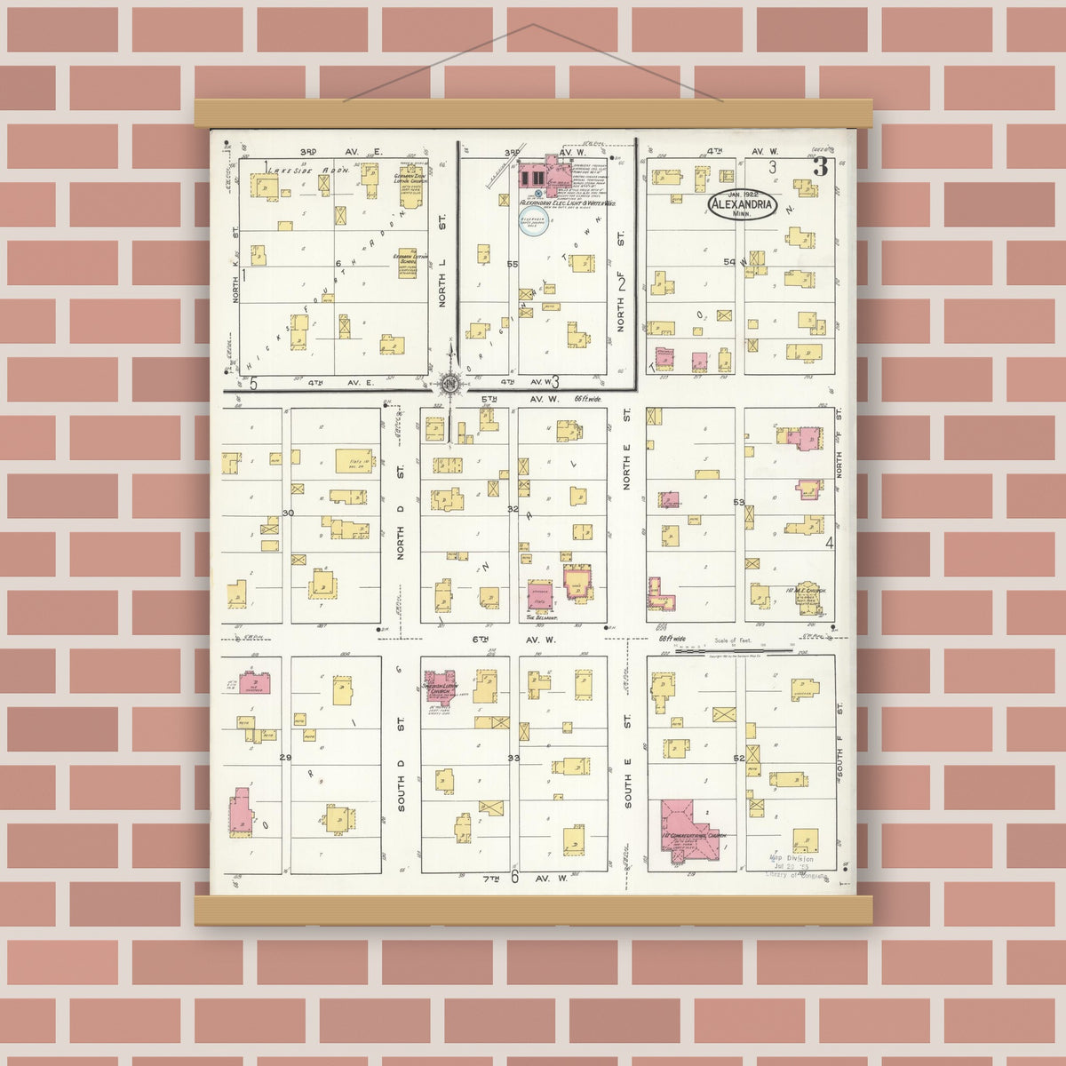 Old map wall art mockup — magnetic wood frame on brick wall — Sanborn Fire Insurance Map from Alexandria, Douglas County, Minnesota (1922), Sheet #0003
