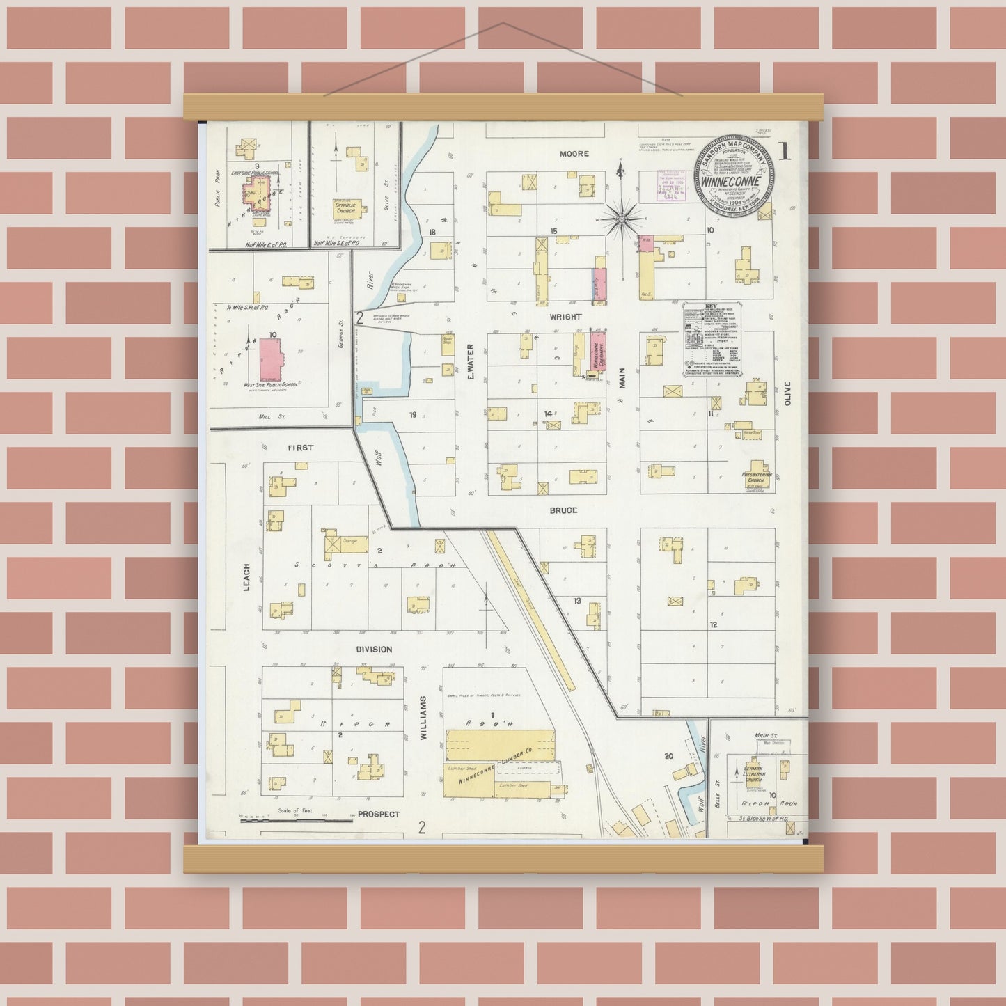 Old map wall art mockup — magnetic wood frame on brick wall — Sanborn Fire Insurance Map from Winneconne, Winnebago County, Wisconsin (1904), Sheet #0001