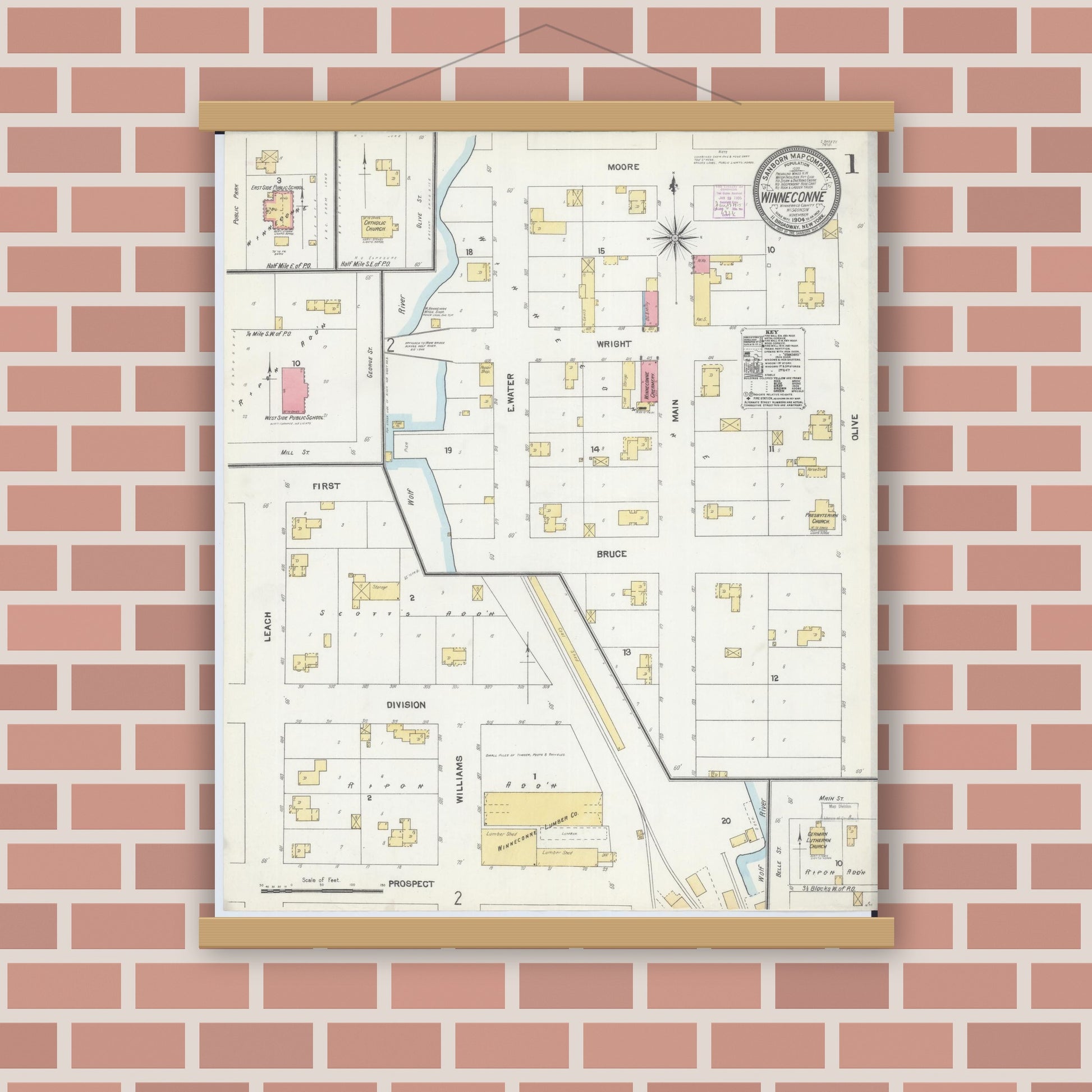 Old map wall art mockup — magnetic wood frame on brick wall — Sanborn Fire Insurance Map from Winneconne, Winnebago County, Wisconsin (1904), Sheet #0001