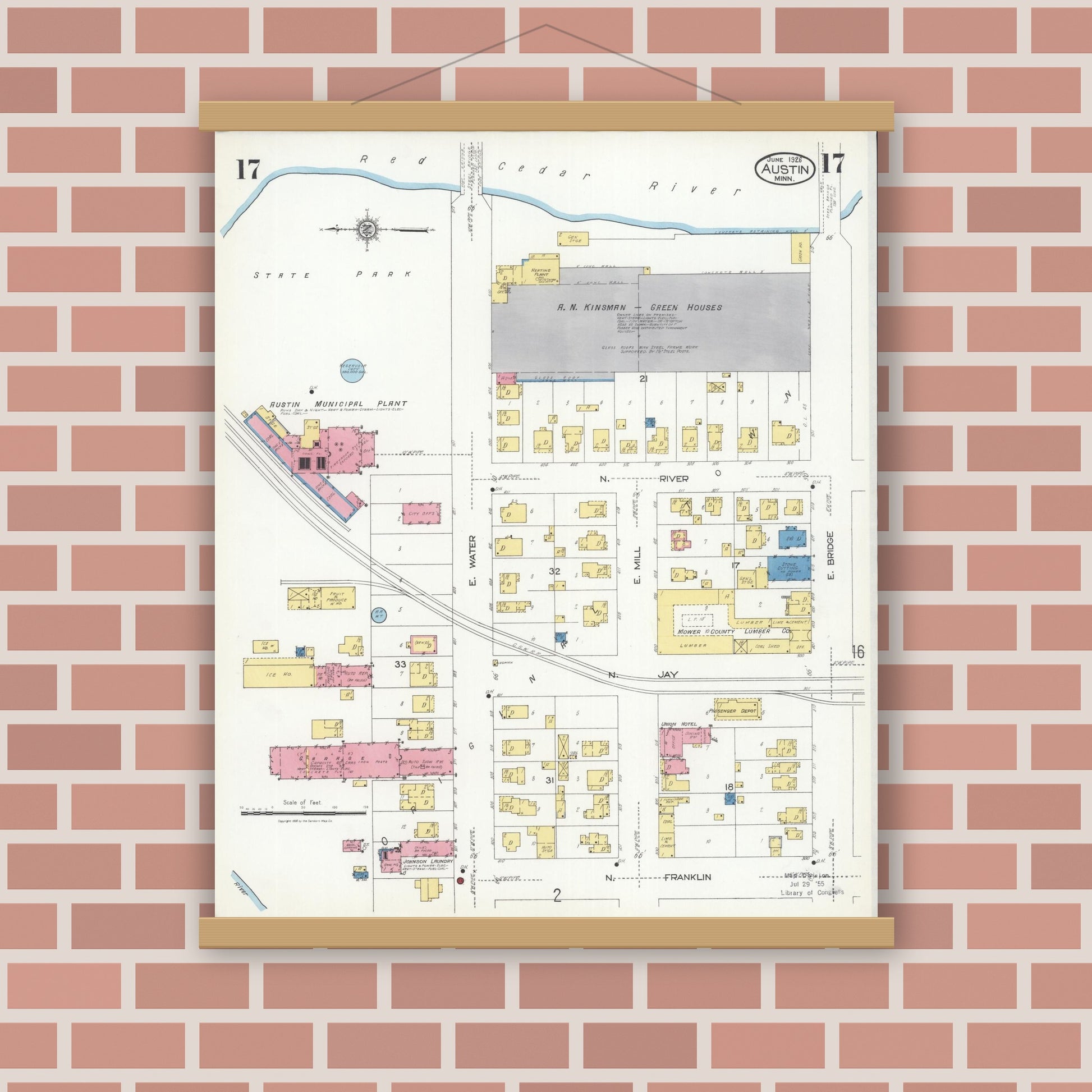 Old map wall art mockup — magnetic wood frame on brick wall — Sanborn Fire Insurance Map from Austin, Mower County, Minnesota (1926), Sheet #0017