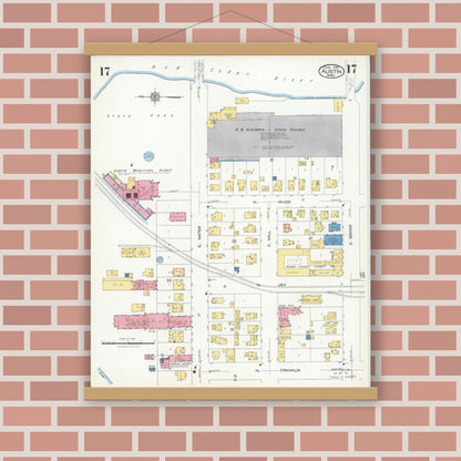 Old map wall art mockup — magnetic wood frame on brick wall — Sanborn Fire Insurance Map from Austin, Mower County, Minnesota (1926), Sheet #0017