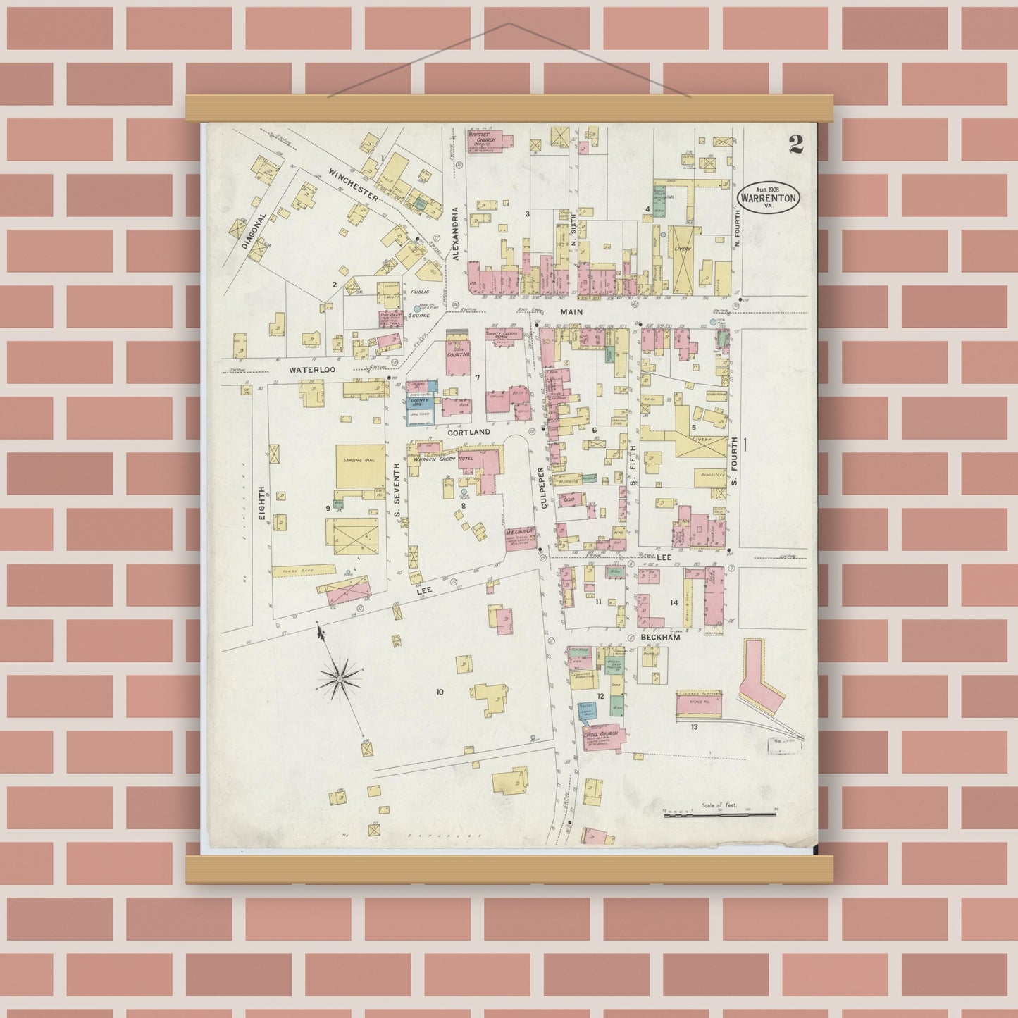 Old map wall art mockup — magnetic wood frame on brick wall — Sanborn Fire Insurance Map from Warrenton, Fauquier County, Virginia (1908), Sheet #0002