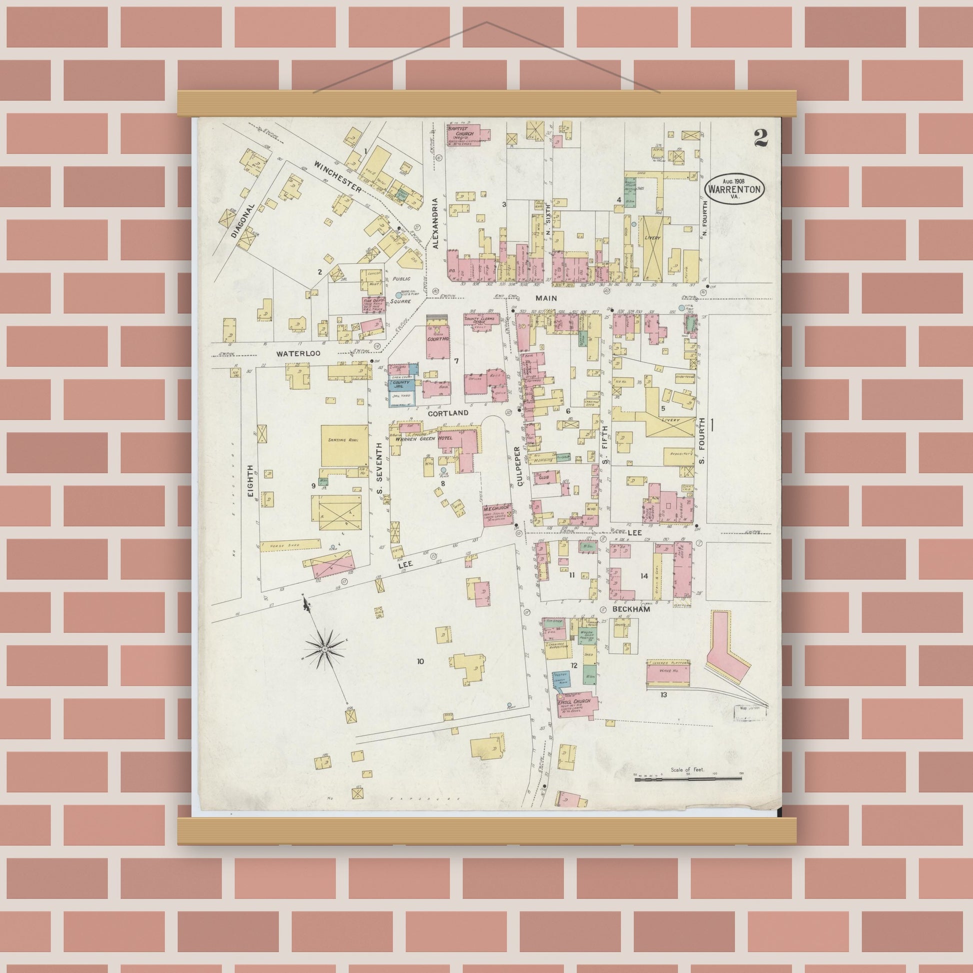 Old map wall art mockup — magnetic wood frame on brick wall — Sanborn Fire Insurance Map from Warrenton, Fauquier County, Virginia (1908), Sheet #0002