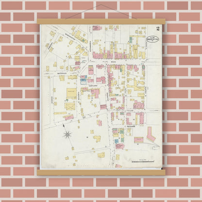 Old map wall art mockup — magnetic wood frame on brick wall — Sanborn Fire Insurance Map from Warrenton, Fauquier County, Virginia (1908), Sheet #0002