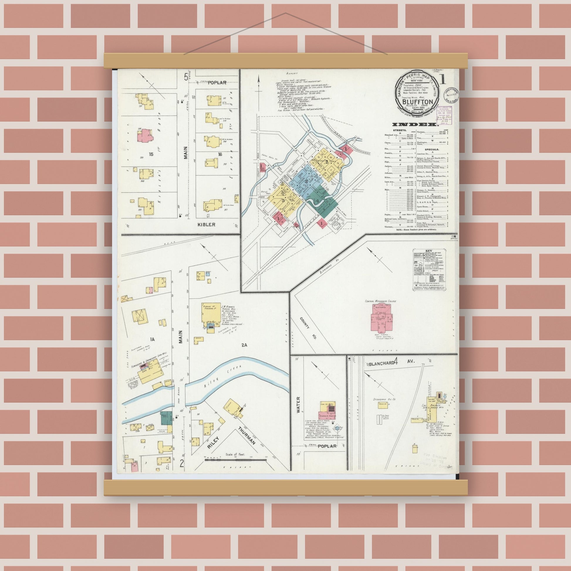 Old map wall art mockup — magnetic wood frame on brick wall — Sanborn Fire Insurance Map from Bluffton, Allen County, Ohio (1901), Sheet #0001