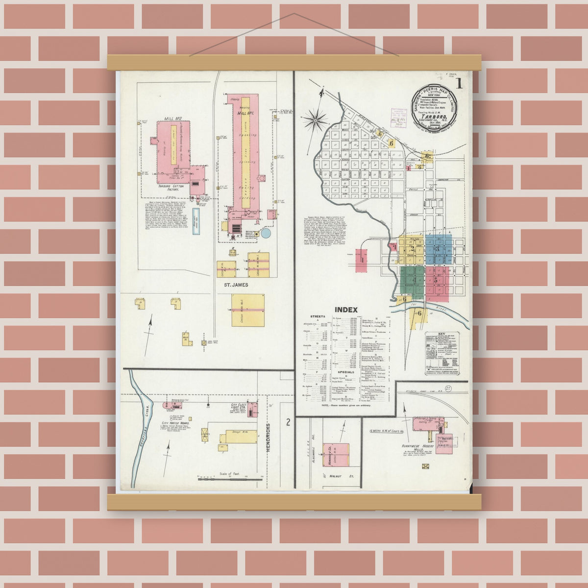 Old map wall art mockup — magnetic wood frame on brick wall — Sanborn Fire Insurance Map from Tarboro, Edgecombe County, North Carolina (1901) - Complete Map Set