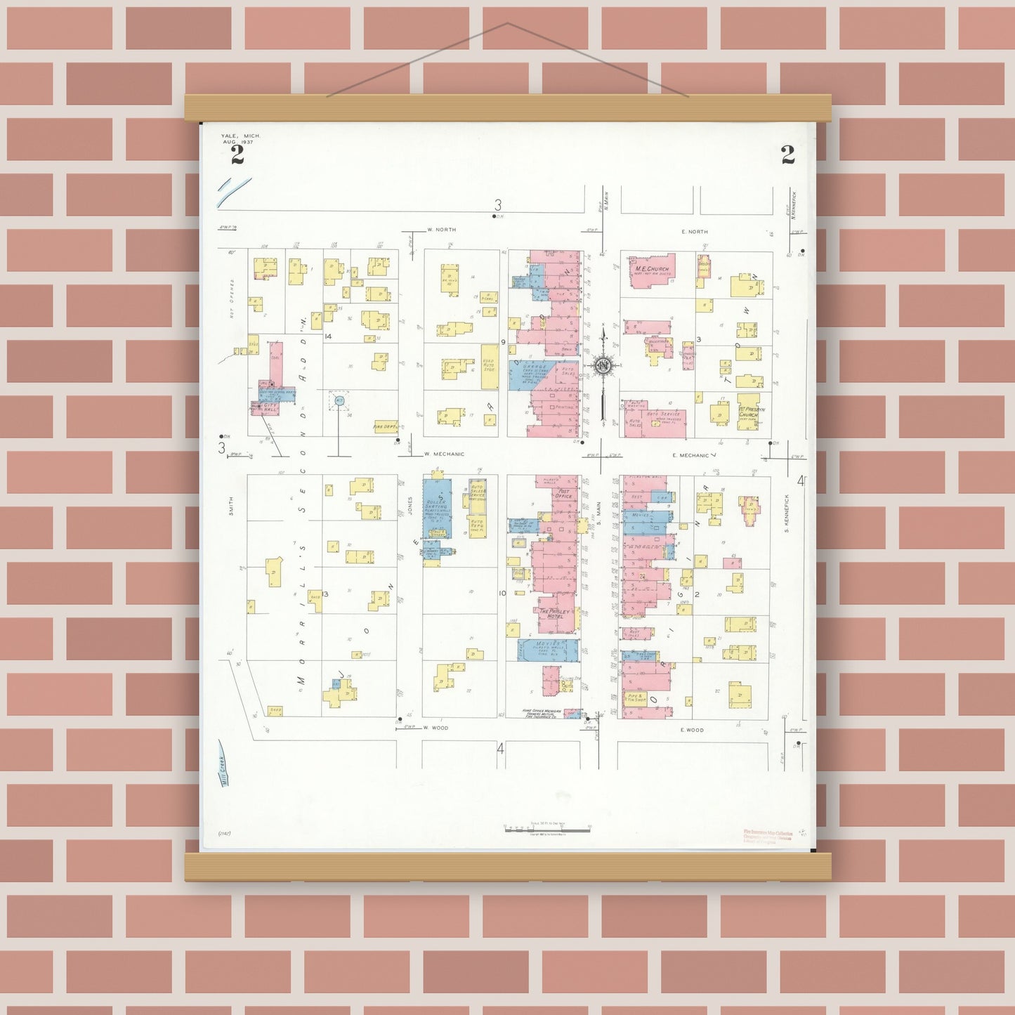 Old map wall art mockup — magnetic wood frame on brick wall — Sanborn Fire Insurance Map from Yale, Saint Clair County, Michigan (1937), Sheet #0002