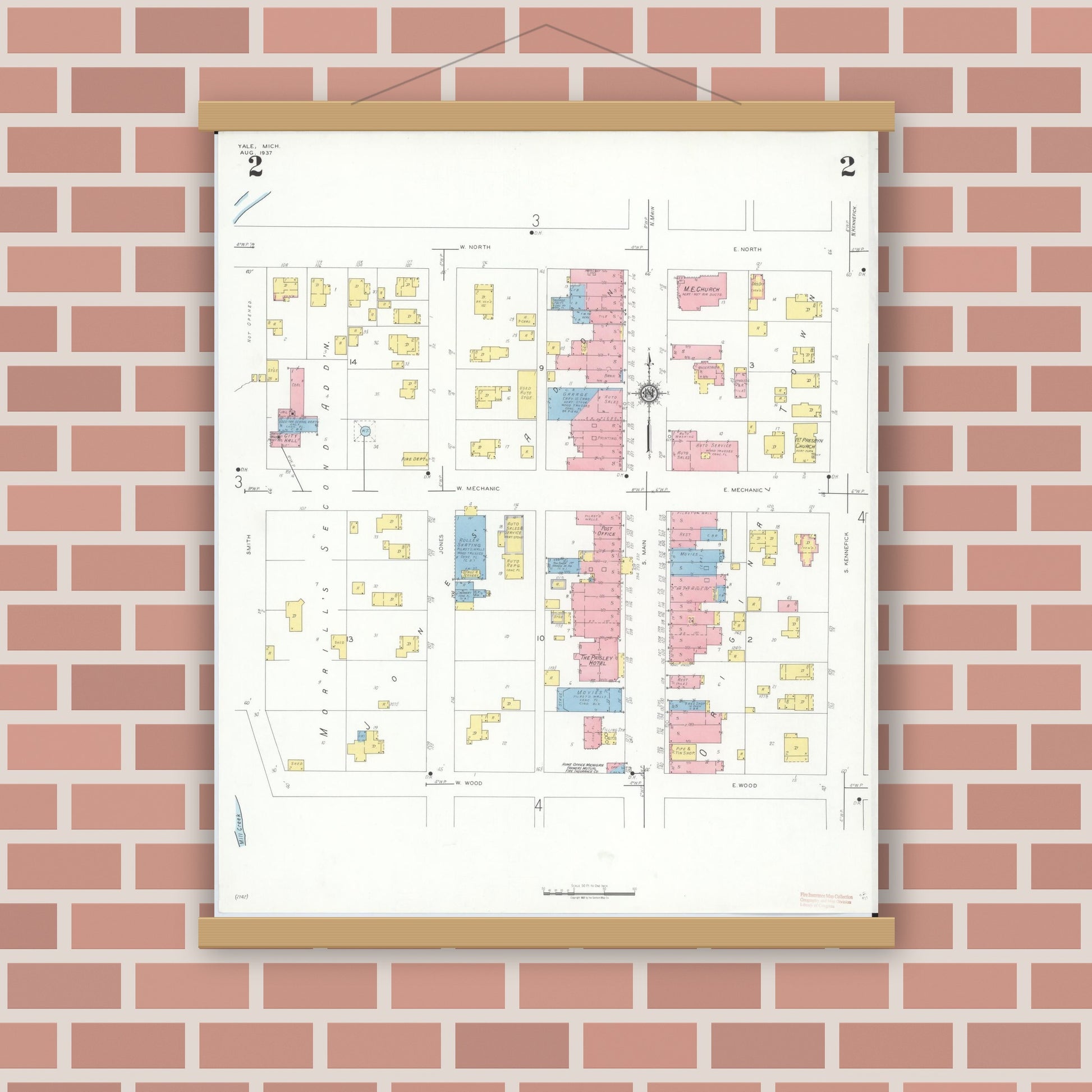 Old map wall art mockup — magnetic wood frame on brick wall — Sanborn Fire Insurance Map from Yale, Saint Clair County, Michigan (1937), Sheet #0002