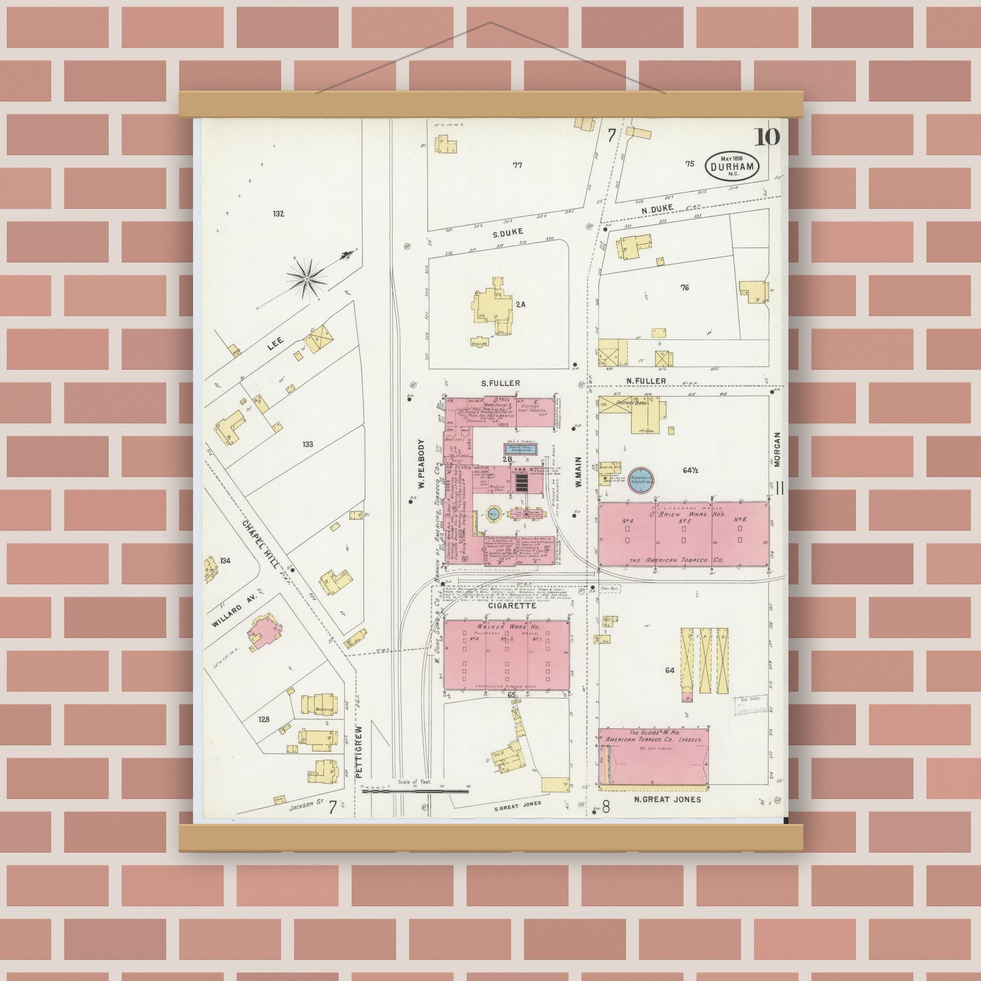 Old map wall art mockup — magnetic wood frame on brick wall — Sanborn Fire Insurance Map from Durham, Durham County, North Carolina (1898), Sheet #0010
