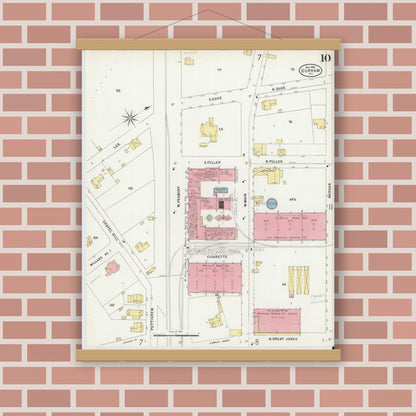 Old map wall art mockup — magnetic wood frame on brick wall — Sanborn Fire Insurance Map from Durham, Durham County, North Carolina (1898), Sheet #0010
