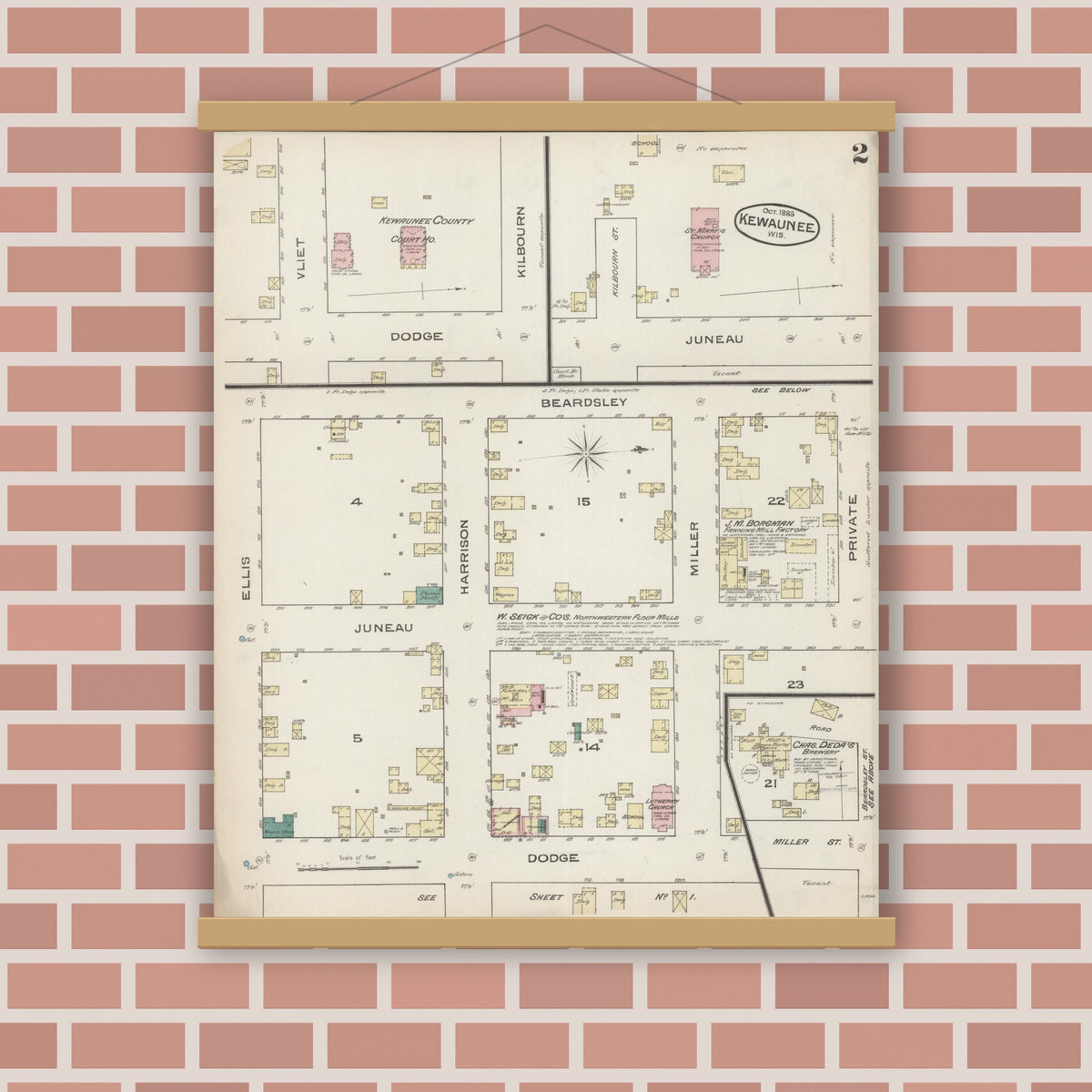 Old map wall art mockup — magnetic wood frame on brick wall — Sanborn Fire Insurance Map from Kewaunee, Kewaunee County, Wisconsin (1885), Sheet #0002