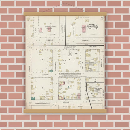 Old map wall art mockup — magnetic wood frame on brick wall — Sanborn Fire Insurance Map from Kewaunee, Kewaunee County, Wisconsin (1885), Sheet #0002