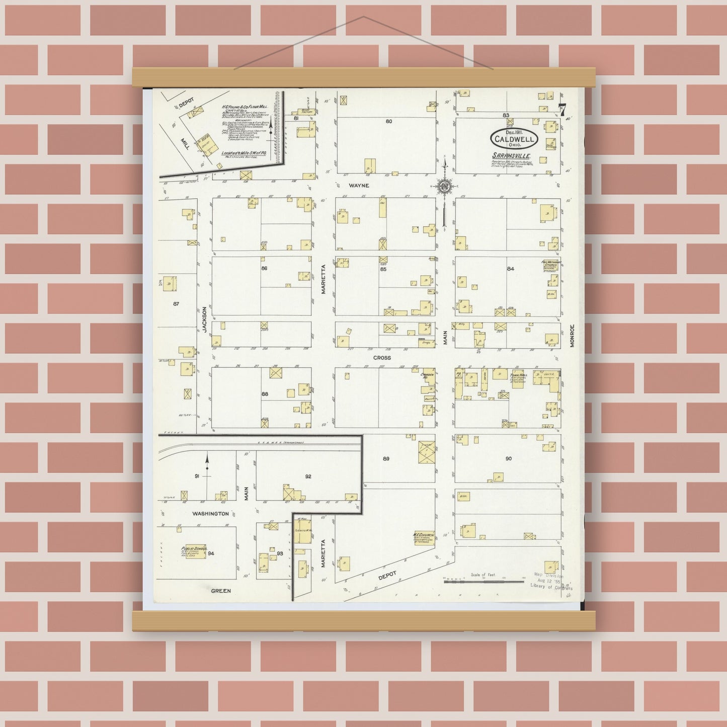 Old map wall art mockup — magnetic wood frame on brick wall — Sanborn Fire Insurance Map from Caldwell, Noble County, Ohio (1911), Sheet #0007