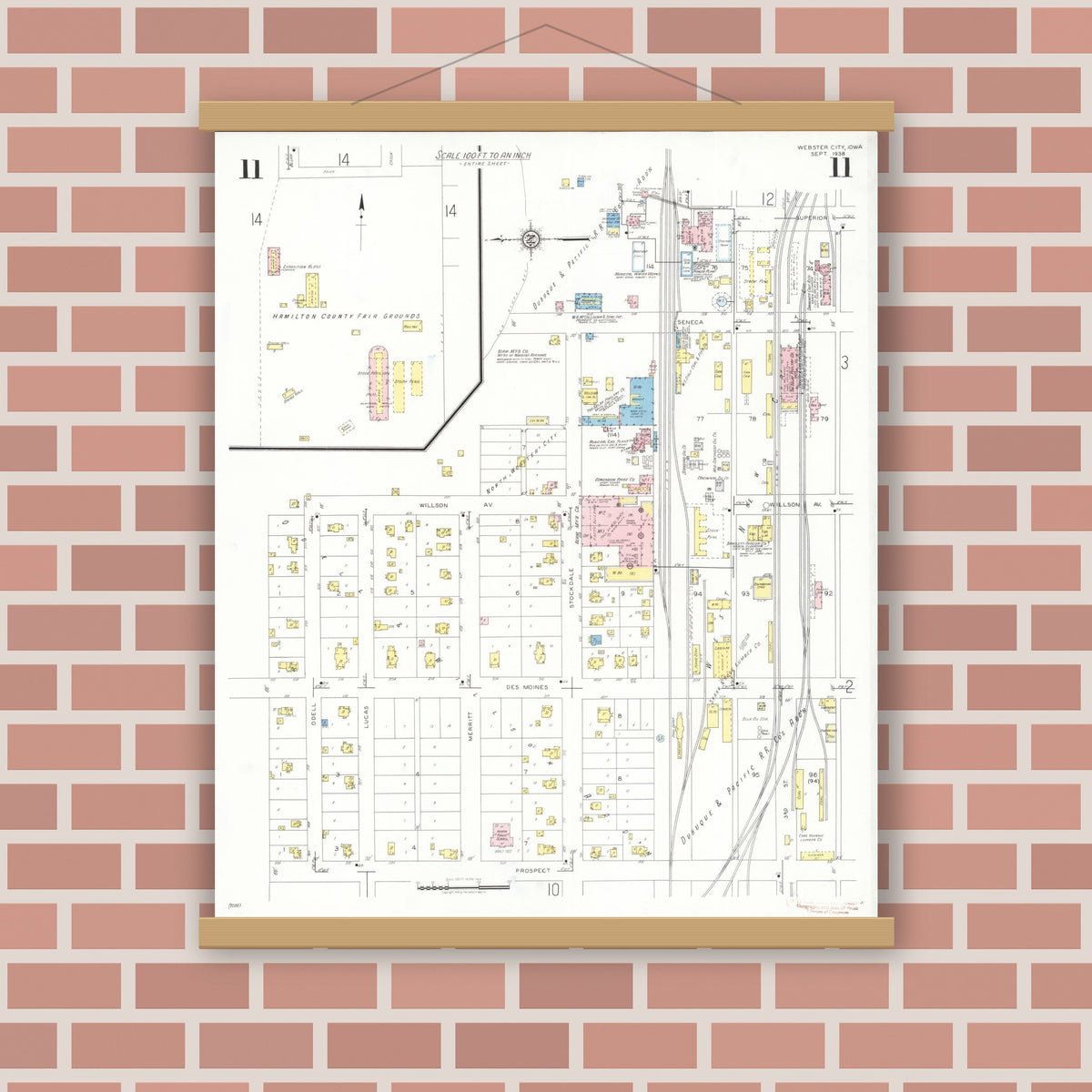 Old map wall art mockup — magnetic wood frame on brick wall — Sanborn Fire Insurance Map from Webster City, Hamilton County, Iowa (1938), Sheet #0011