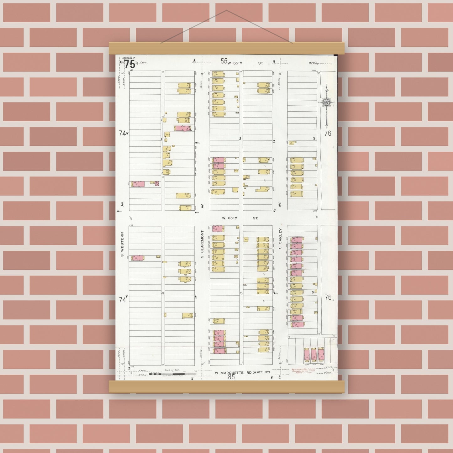 Old map wall art mockup — magnetic wood frame on brick wall — Sanborn Fire Insurance Map from Chicago, Cook County, Illinois (1920), Sheet #0075